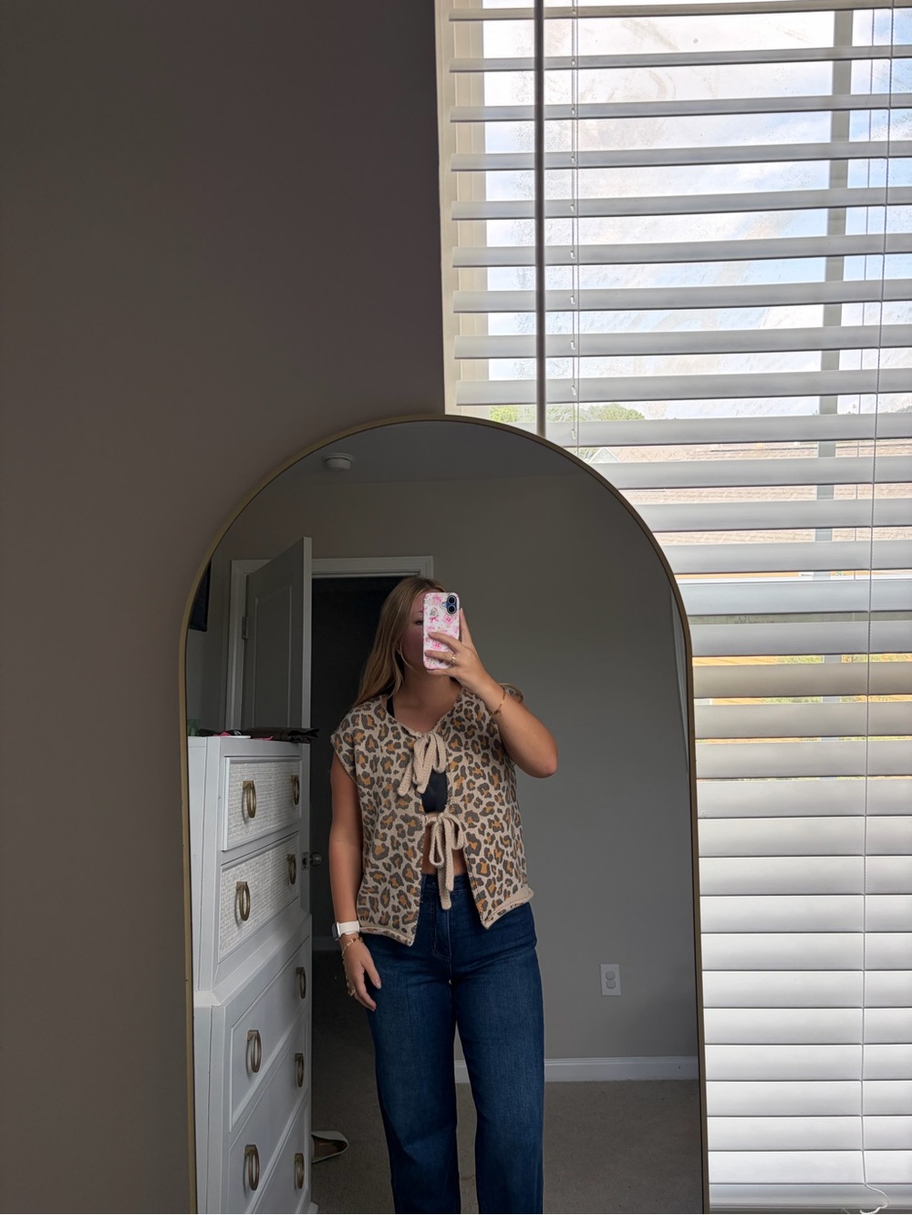 BiBi Beige Leopard Tie-Front Cap Sleeve Top